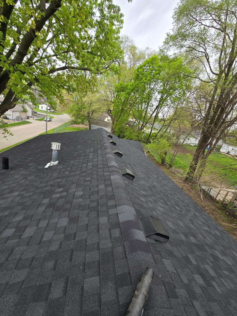 Black shingle roof with vents, surrounded by lush green trees and a serene landscape.
