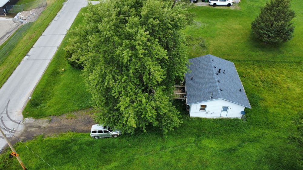 Aerial view of a house beside a large tree and grassy lawn near a road.