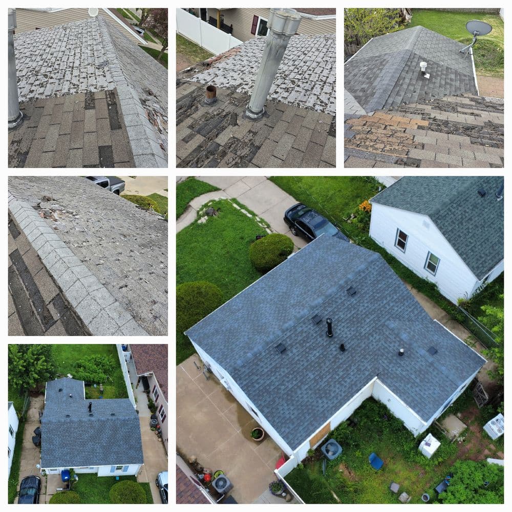 Aerial view of a house roof showing shingles in various conditions and a chimney.
