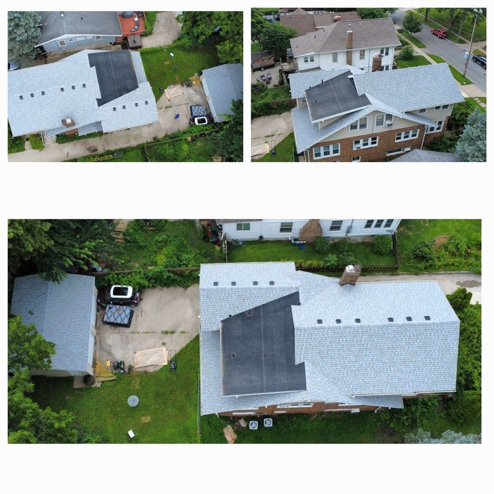 Aerial view of residential rooftops showcasing varying designs and materials.